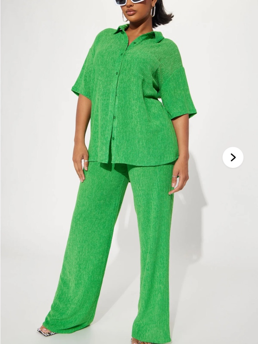 Fashion Nova Green Two-Piece Button-Up Top & Wide Leg Pants Set